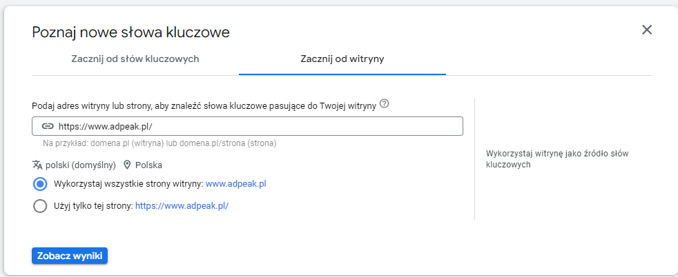 Narzędzia planowania Google Ads - nowe słowa kluczowe 