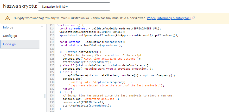 Edytor skryptów Google Ads